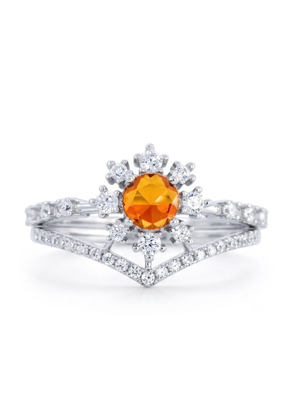 Citrine Snowflake / Flower Wishbone ring, 925 Sterling Silver